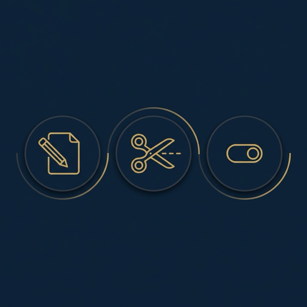 Minimal 2D vector infographic showing a three step draft trim test workflow with simple icons connected by a thin line on dark blue background for writing a hook