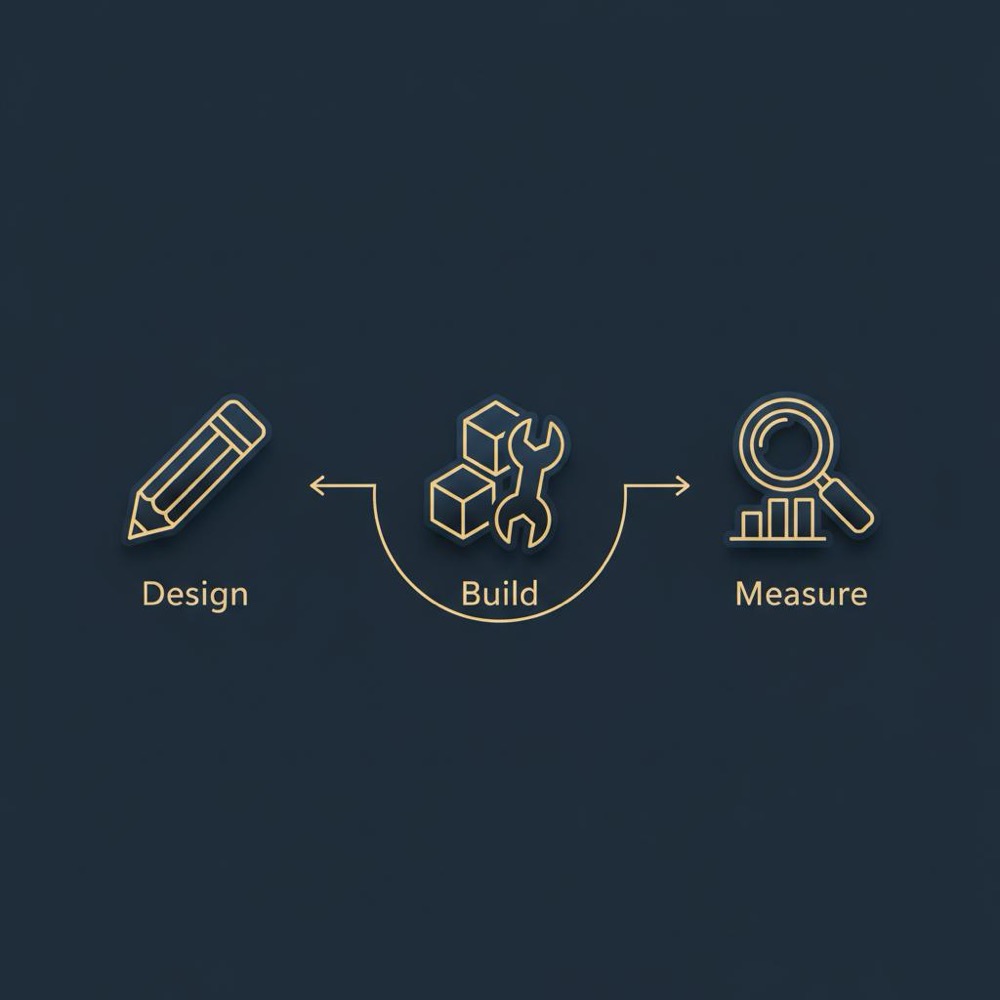 Minimal 2D vector infographic showing a Design to Build to Measure icon flow on #0B1E33 background with Orvus Ltd. brand colors, emphasizing SEO in website design