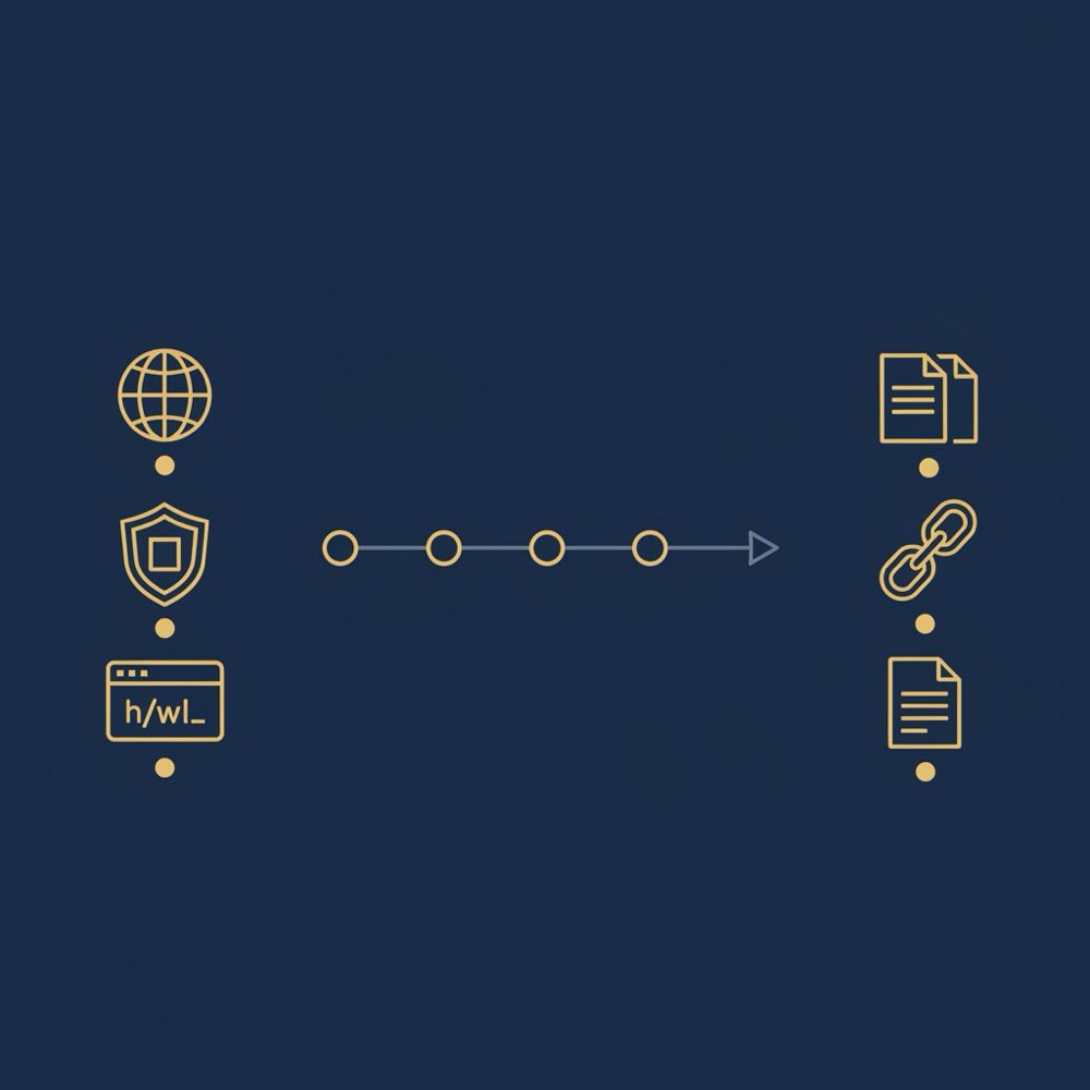 Minimal 2D vector infographic with editorial link icons, domain icons and an ascending timeline on navy background - how many backlinks do I need for SEO