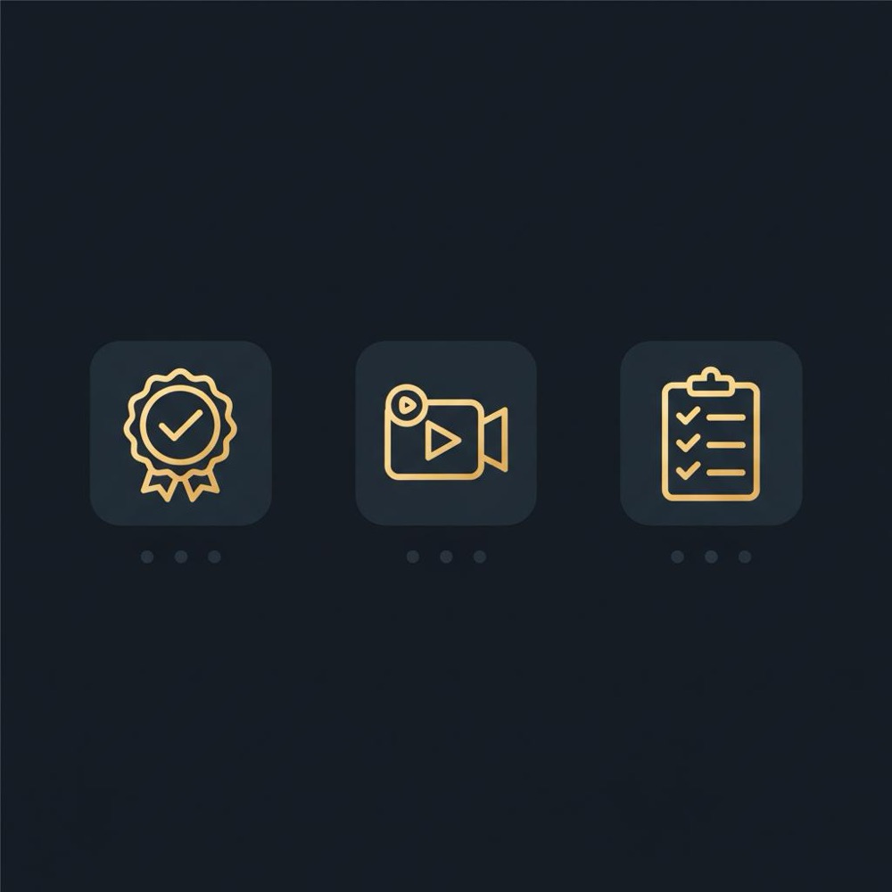 Minimal 2D vector infographic of trust icons (certificate badge, video camera, checklist) on #0B1E33 background with #C8A45D highlights for richest website in the world
