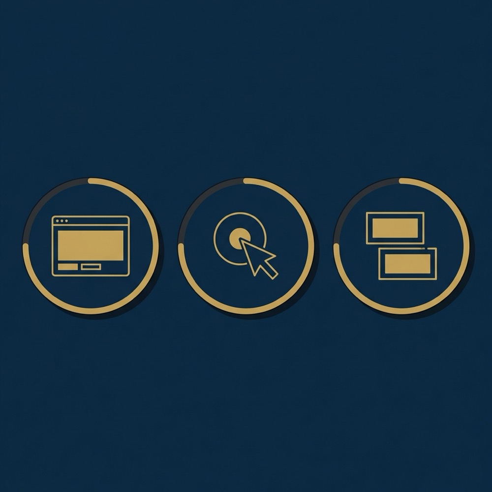 Minimal vector infographic showing three Core Web Vitals icons for Largest Contentful Paint First Input Delay and Cumulative Layout Shift in Orvus brand colors for content optimization