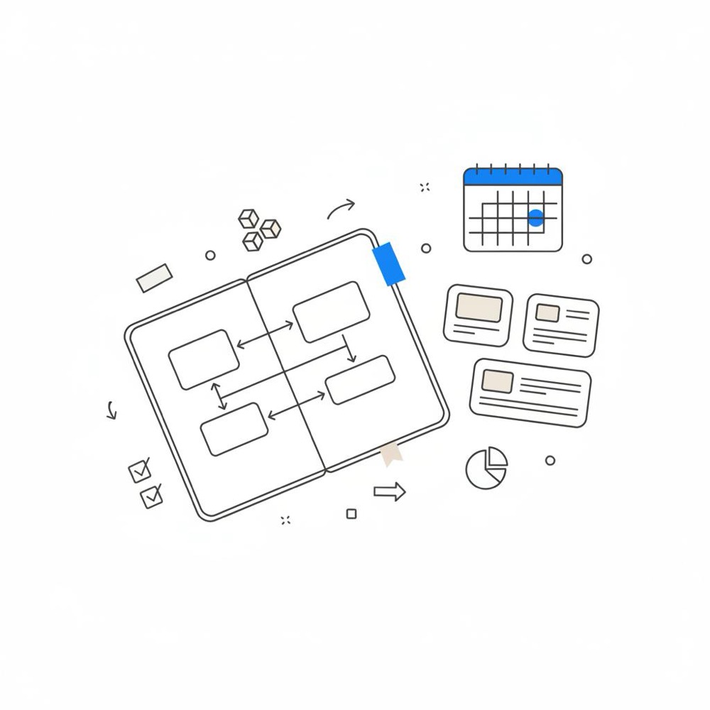 Overhead 2D vector of a notebook with a simple site-map sketch, product card mockups, and a calendar with a marked release date - conceptual layout for artist website platforms