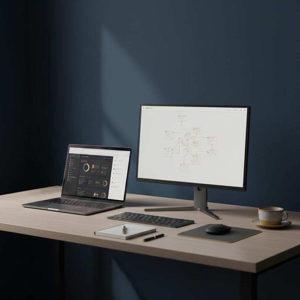 Minimal modern workstation with laptop analytics dashboard and second-screen sitemap, muted #C8A45D accents on #0B1E33 background - what are the 4 pillars of SEO?