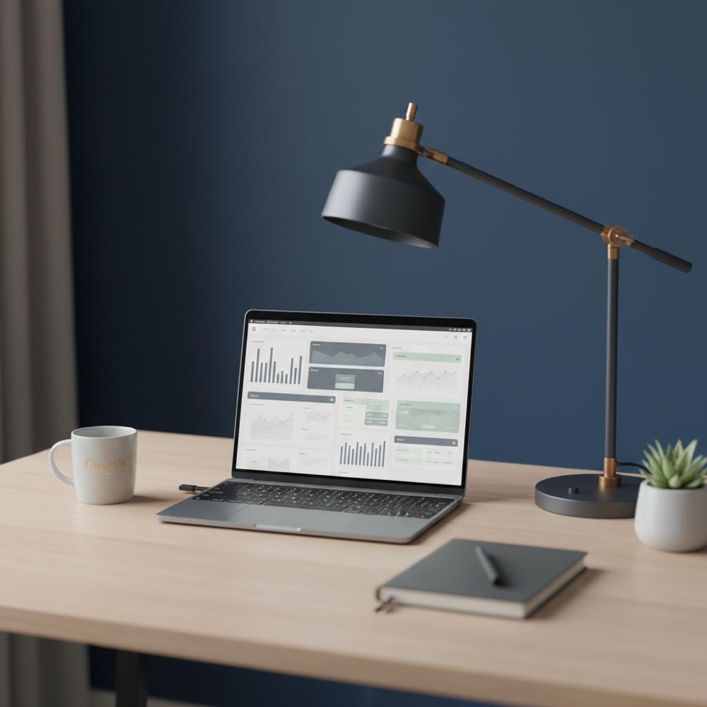 Tidy home workspace with laptop showing a team dashboard, navy background and gold accents; no people or faces - erase my Google reviews