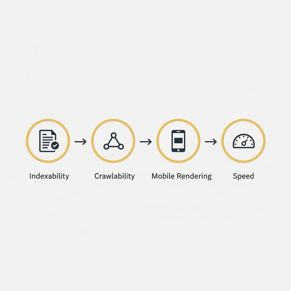 Minimal 2D vector infographic of four website vitals in connected circles on an Orvus dark blue background - How do I check my SEO?
