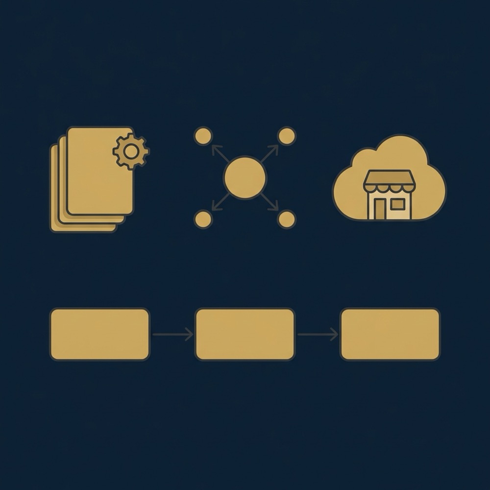 Minimal 2D vector cms seo infographic with neutral cms icon headless api nodes hosted commerce cloud and a simple three step rendering pipeline on dark navy background