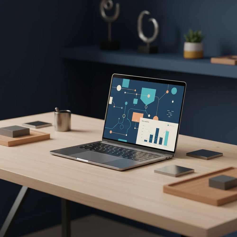 Minimalist tidy workspace with laptop showing an abstract analytics dashboard and brand-accent lighting on a #0B1E33 background - concept for domain authority score.