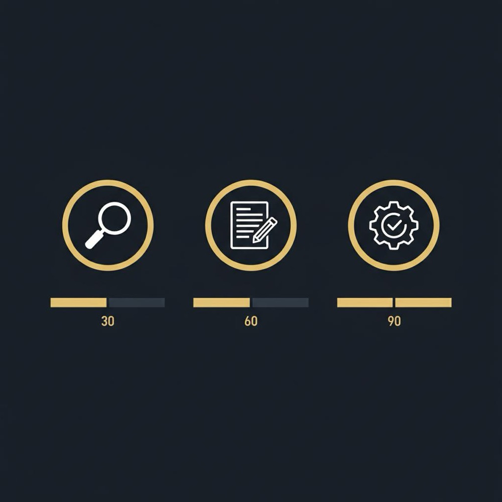 Minimal 2D vector 30/60/90 timeline infographic for SEO for beginners with three icon milestones for audit, content, and testing in Orvus brand colors
