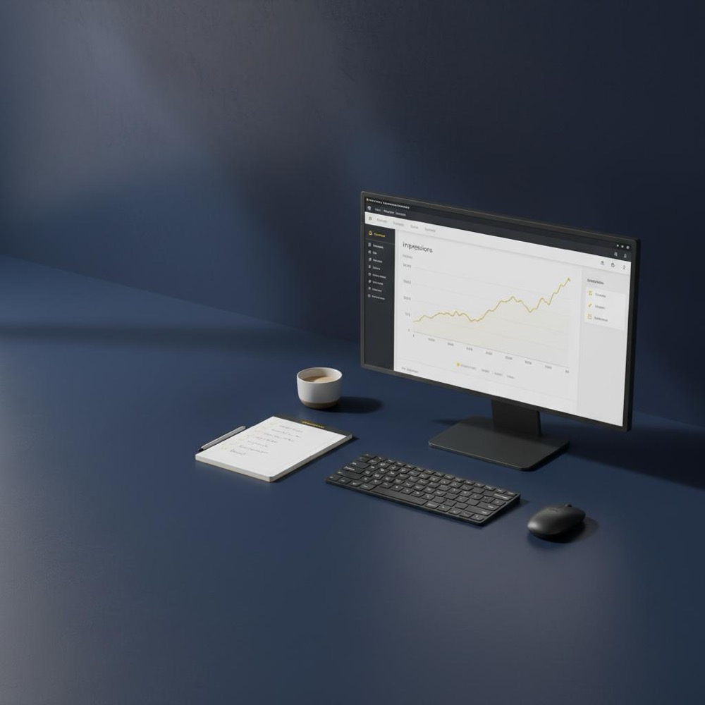 Minimalist desktop with browser showing a Search Console impressions graph and a checklist notepad accented in #C8A45D - how long to rank on Google