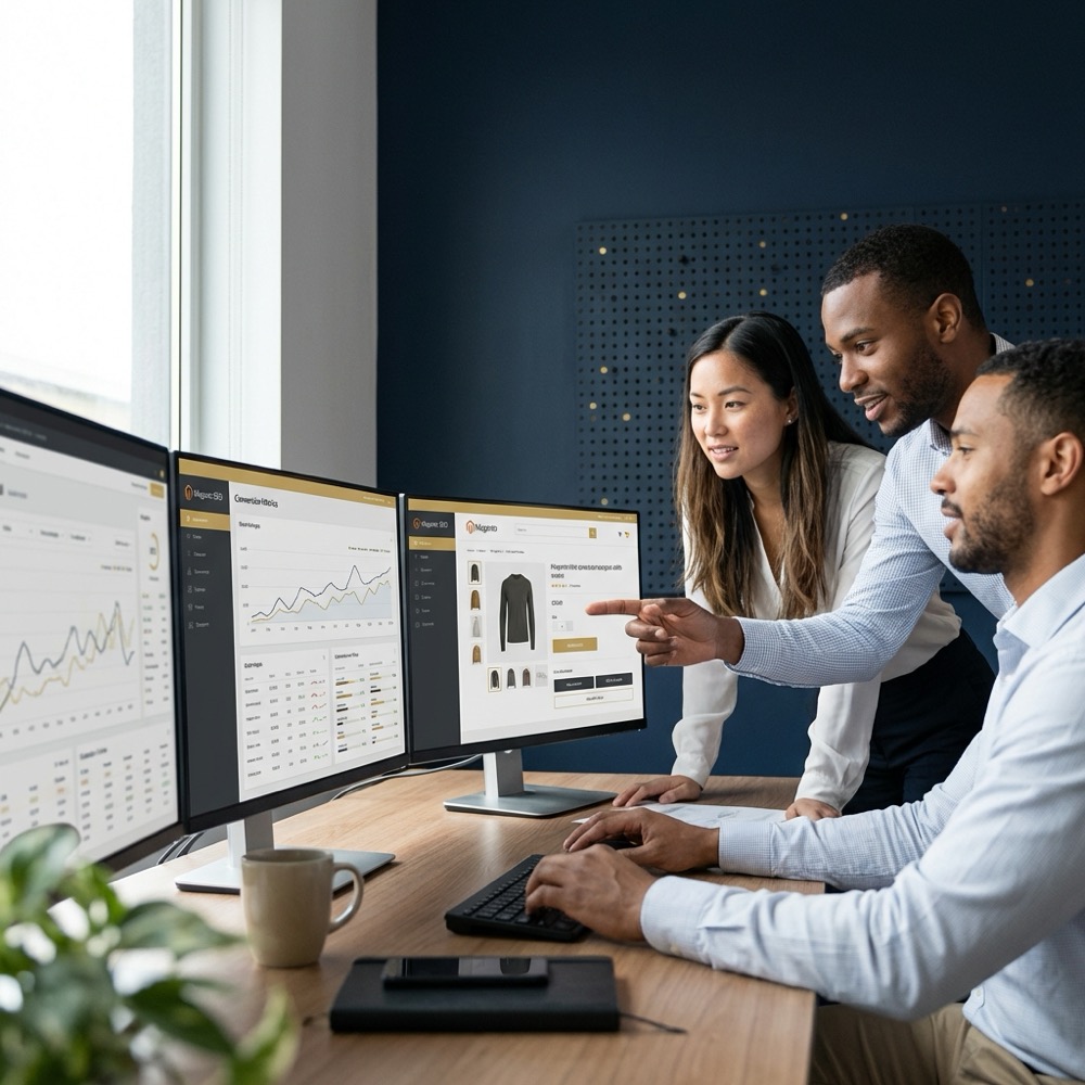 Small team reviewing analytics dashboards and product pages on screens in a modern office focusing on magento seo collaborative diagnostics