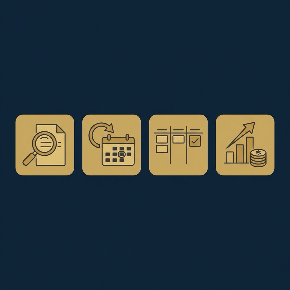 Minimal 2D vector infographic with four icons for diagnostics retainers fixed projects and performance fees on dark blue background search engine optimization pricing