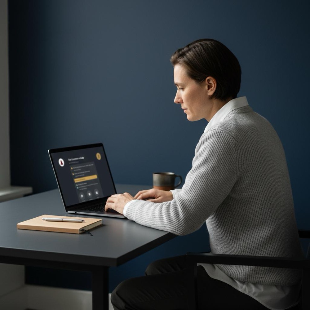 Small business owner at a laptop thoughtfully viewing review notifications, minimalist workspace with brand accent #C8A45D to remove reviews.