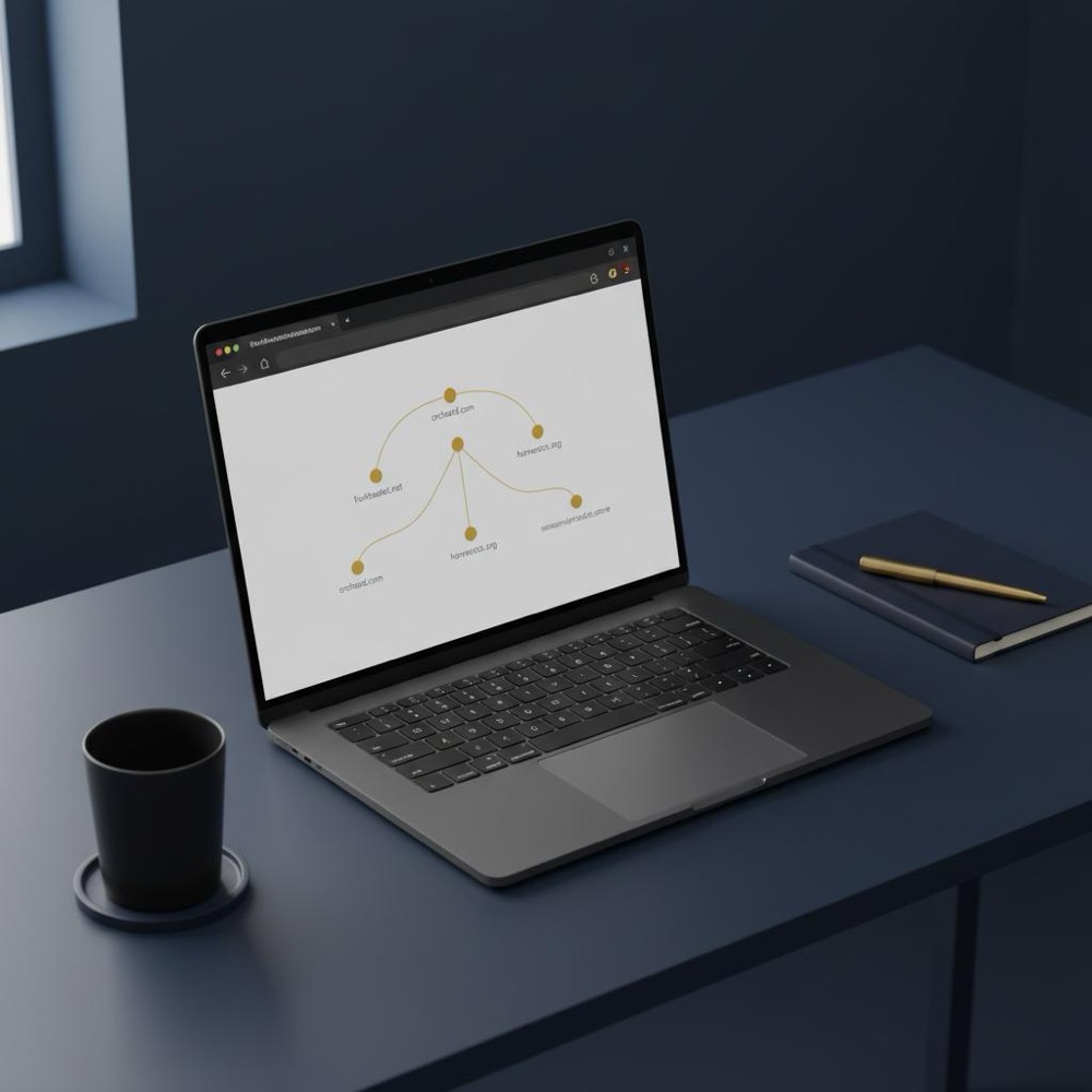 Minimalist workspace with laptop showing a clean link network visualization on a navy background in Orvus Ltd colors, illustrating professional linkbuilding strategy.