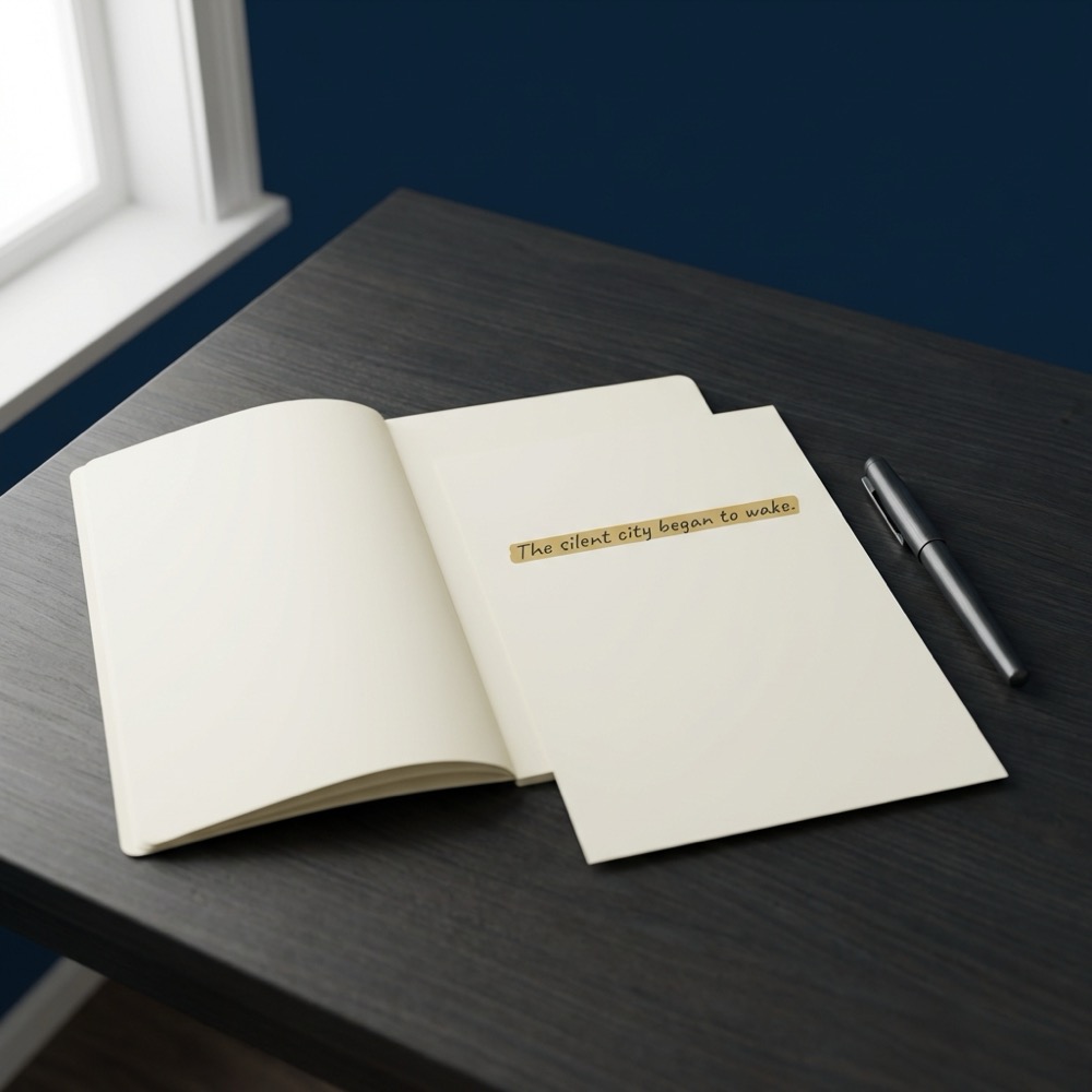 Minimalist writer desk with open notebook pen and a highlighted opening sentence emphasizing writing a hook on a deep navy Orvus Ltd background