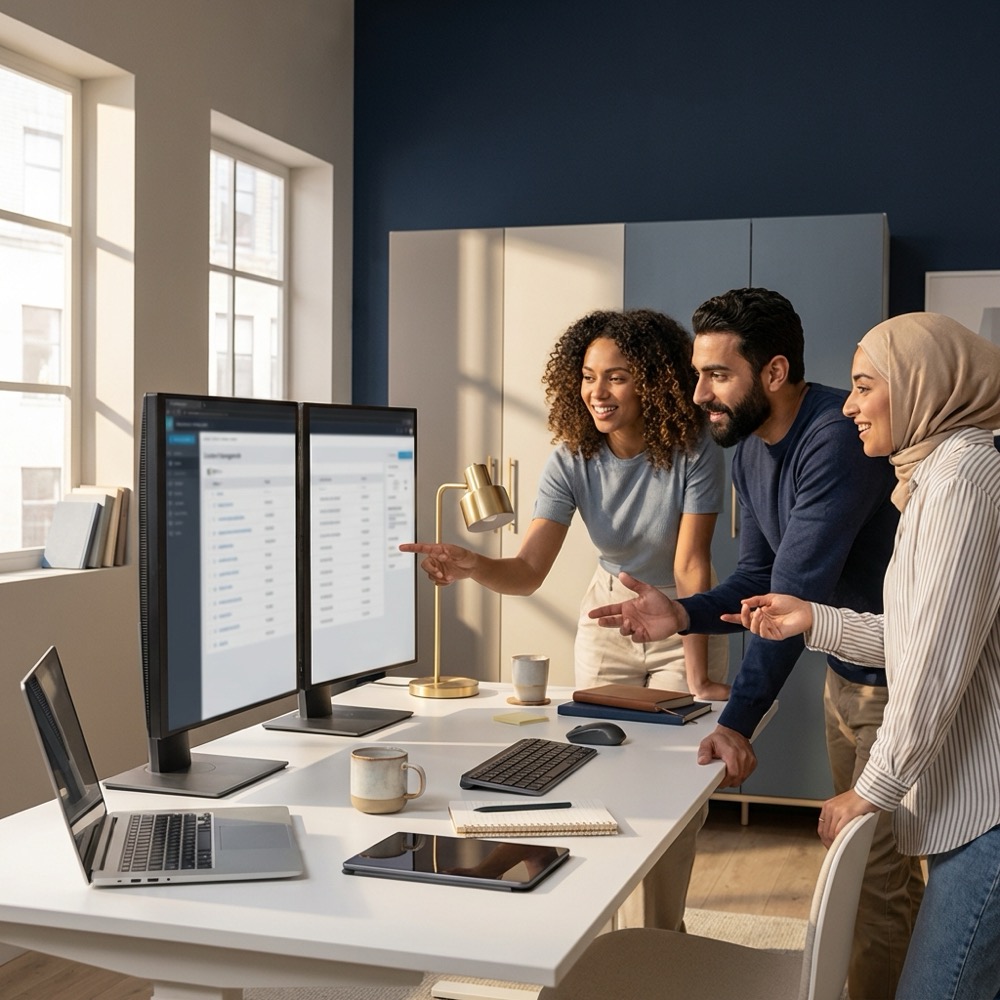 Editorial team reviewing content on dual screens in a minimalist office for cms seo focused collaboration with deep navy background and warm gold accents