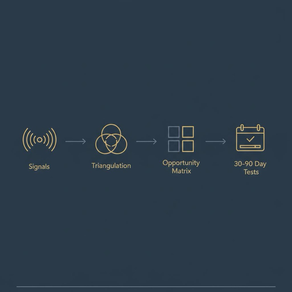 Minimal vector infographic in Orvus colors showing flow: Signals → Triangulation → Opportunity Matrix → 30-90 Day Tests, designed as a competitor analysis framework.