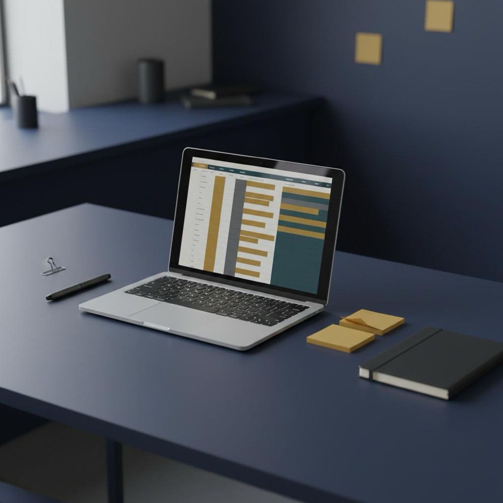 Minimalist workspace with laptop showing a blurred competitor profile spreadsheet, sticky notes and notebook in Orvus Ltd brand colors for competitor analysis framework.