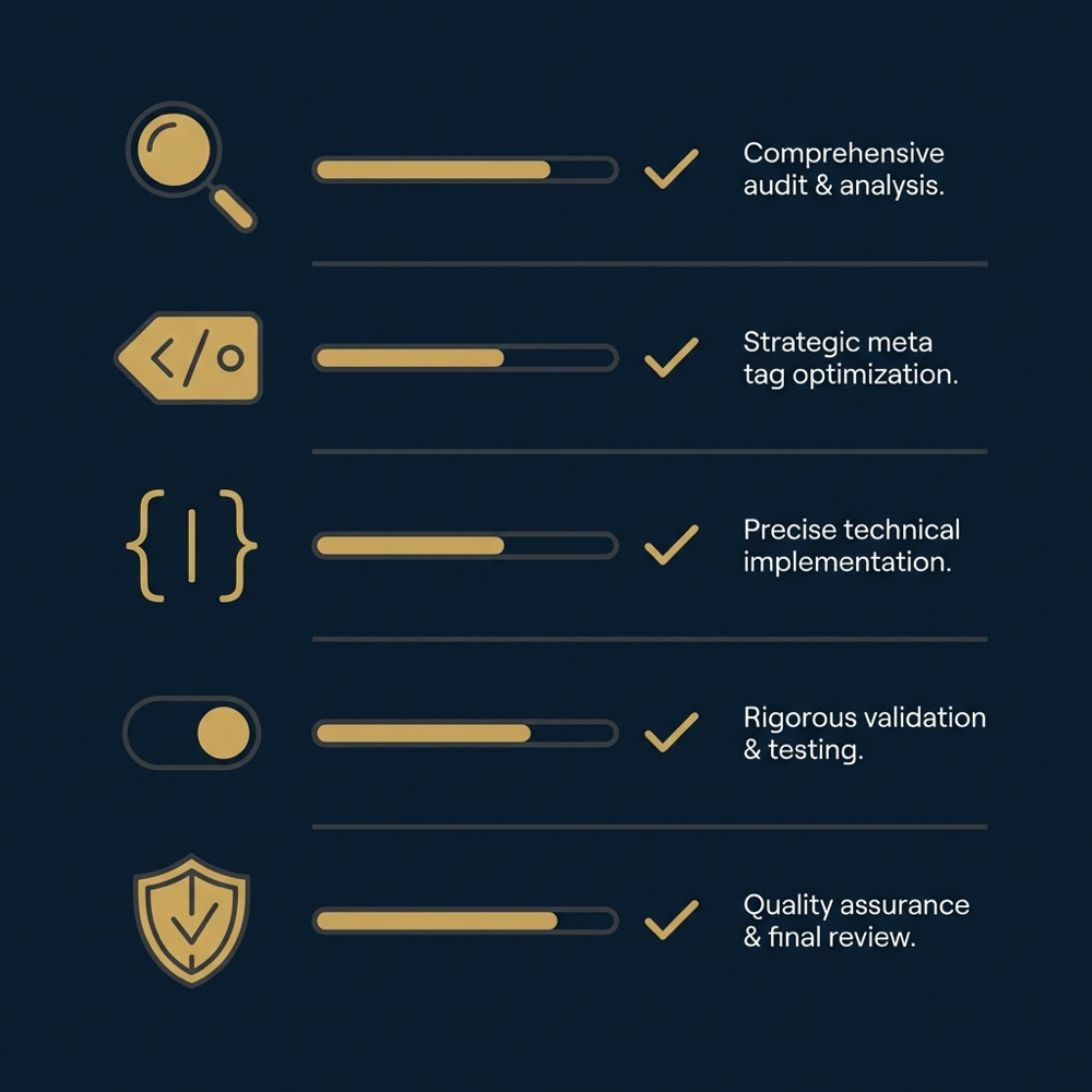 Minimal 2D vector infographic checklist for seo meta implementation and validation on dark blue background using Orvus Ltd brand colors