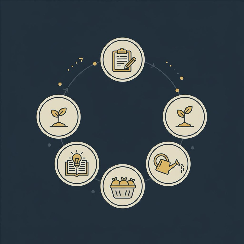 Minimal 2D vector infographic circular five-step content loop with icons for prepare, plant, tend, harvest, learn in Orvus Ltd brand colors - what do bloggers do daily
