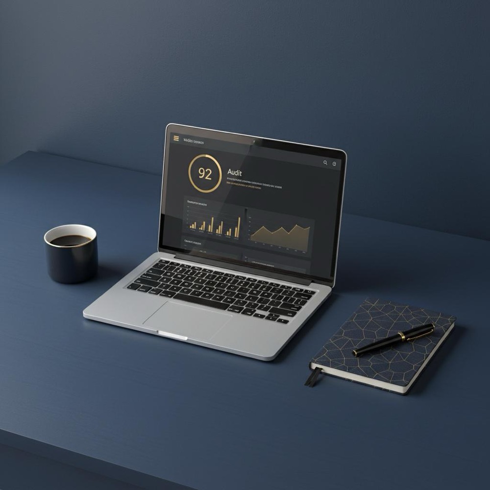 Minimalist desk with laptop showing a website audit report, notebook with notes and coffee cup in Orvus Ltd brand colors; is it hard to become an SEO