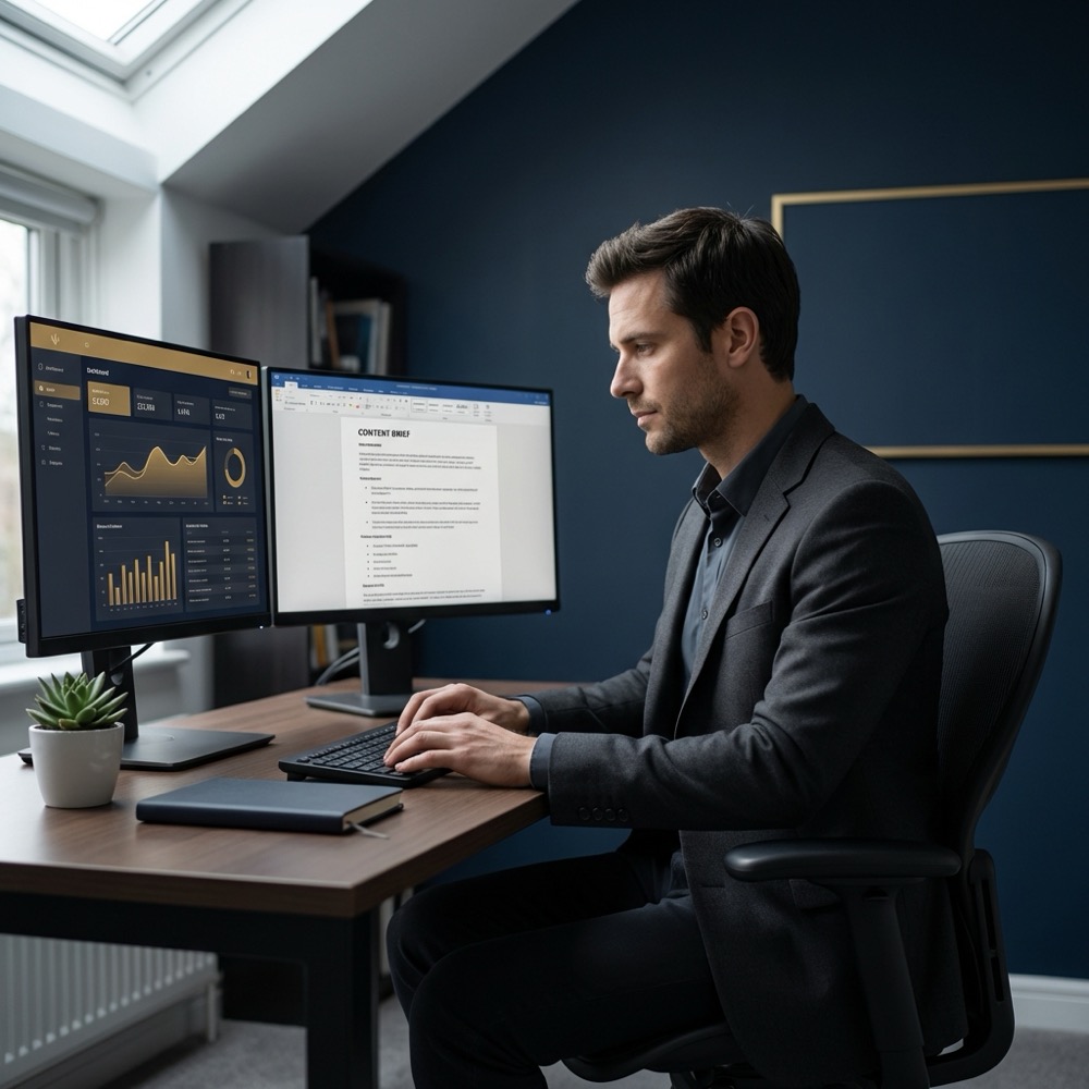 Professional writer at a minimalist desk working on seo writing with dual monitors showing analytics and a content brief against a deep navy background in Orvus brand colors