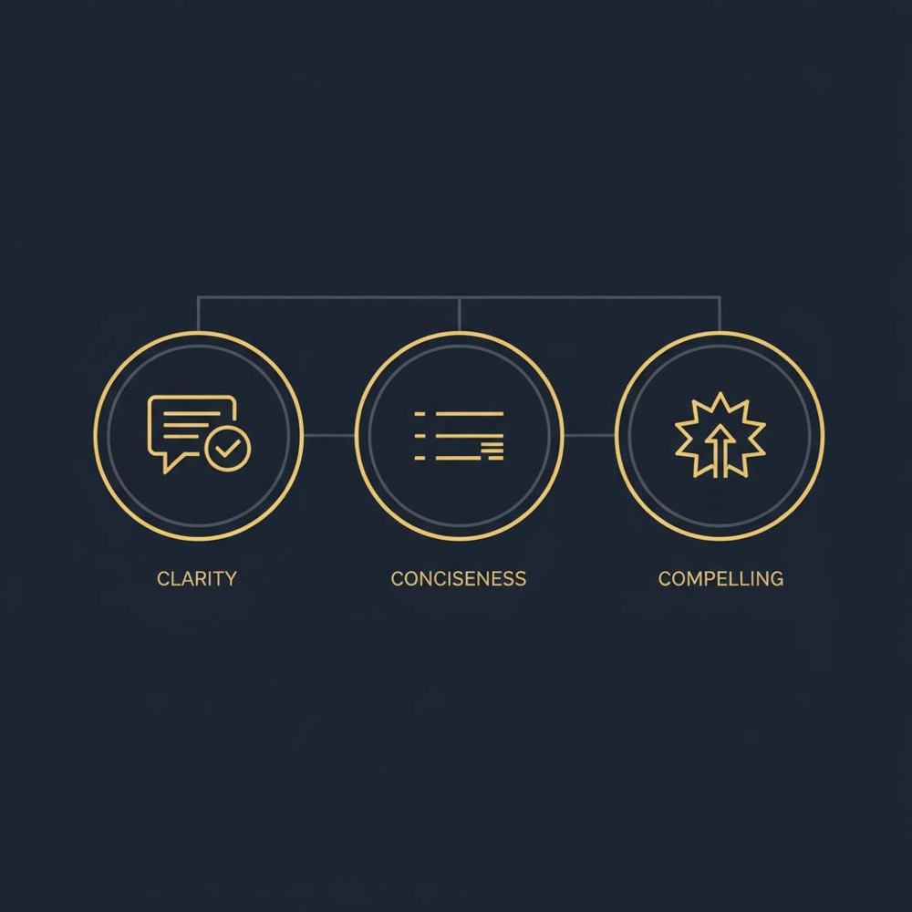 Minimal 2D vector infographic of three circular icons illustrating the 3 C's of copywriting on dark navy background with gold accents and subtle grey lines.