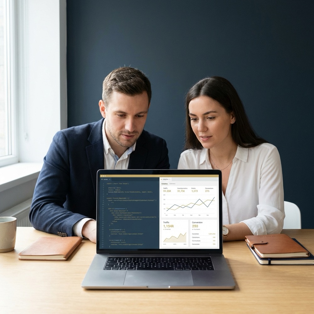 Developer and marketer reviewing site metrics and code on a laptop showing analytics charts and code editor for rankmath seo