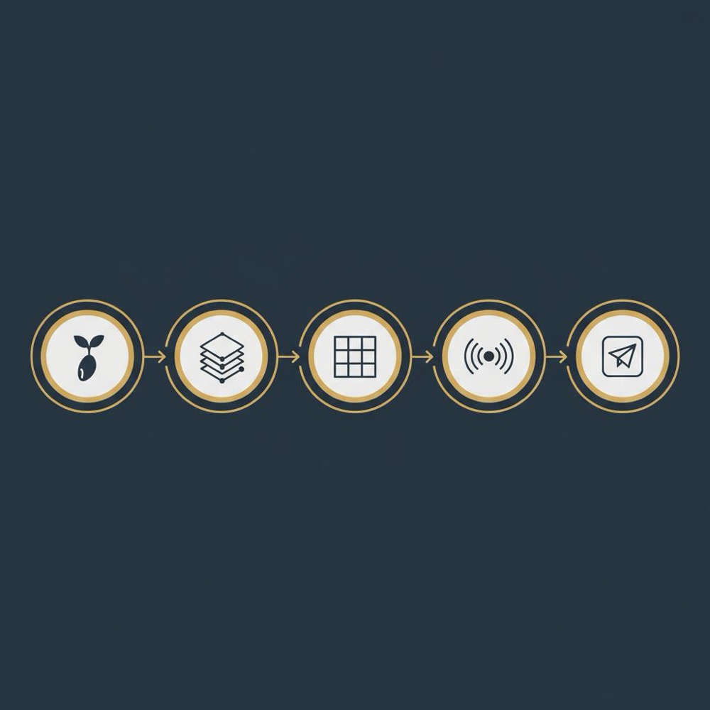 Minimal vector infographic on dark #0B1E33 background showing five icon steps seed, model, CSV, telemetry, publish connected by thin arrows in Orvus brand colors - ChatGPT keyword research
