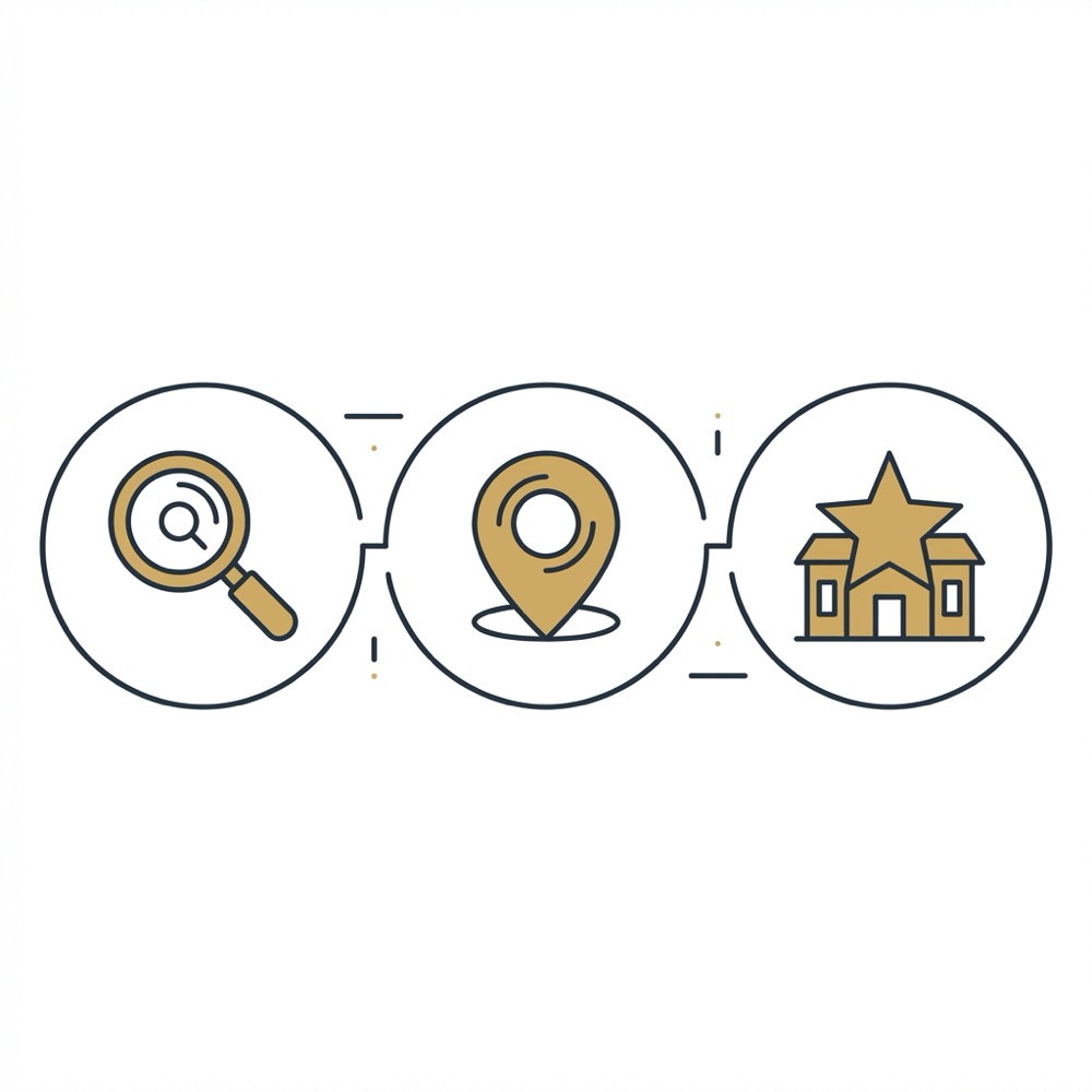 Minimal 2D vector infographic showing three local seo signals relevance proximity and prominence in Orvus Ltd brand colors deep navy 0B1E33 and gold C8A45D