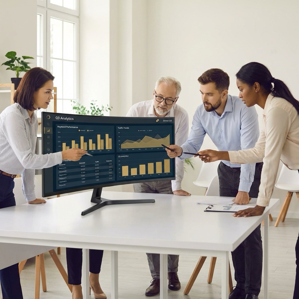 Diverse team reviewing a search analytics dashboard on a widescreen monitor in a minimalist office with Orvus Ltd colors seo advertising