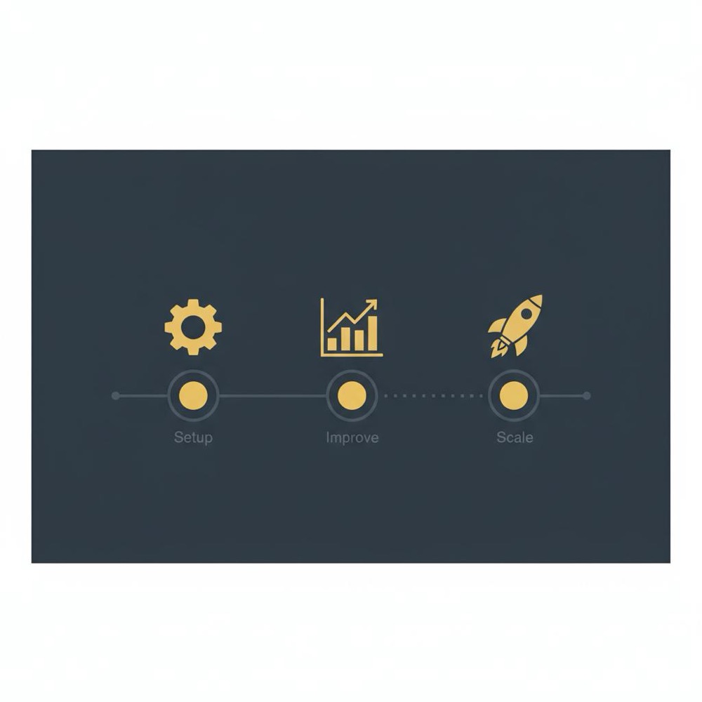 Minimal 2D vector 90-day roadmap infographic with gear, upward-trend chart, and rocket icons on #0B1E33 background - can small businesses use PPC