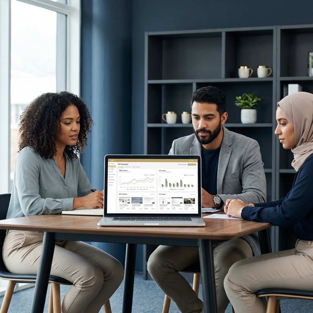 Small marketing team reviewing a laptop with a serp seo dashboard showing SERP snapshots and CTR charts in a minimalist navy office with gold accents