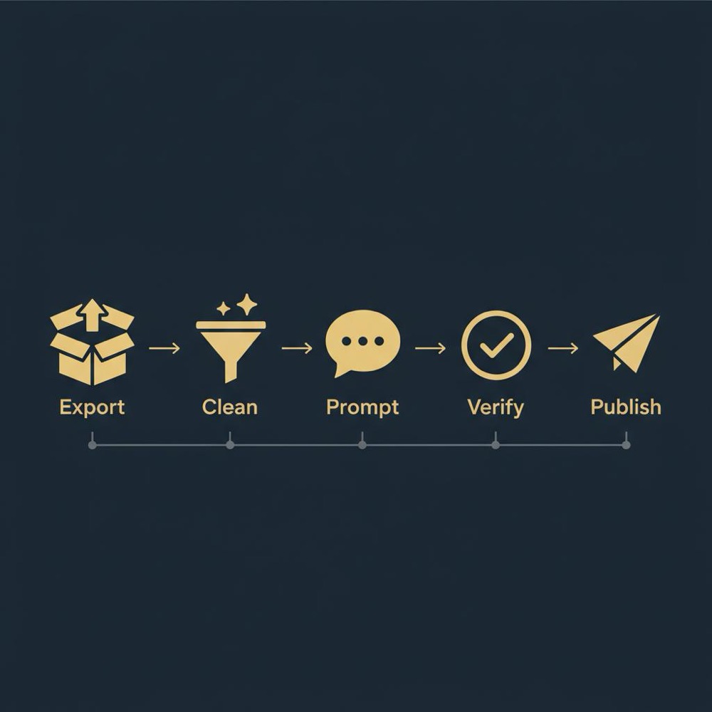 Minimal 2D vector infographic of workflow icons Export, Clean, Prompt, Verify, Publish connected by arrows on dark navy background for ChatGPT competitor analysis