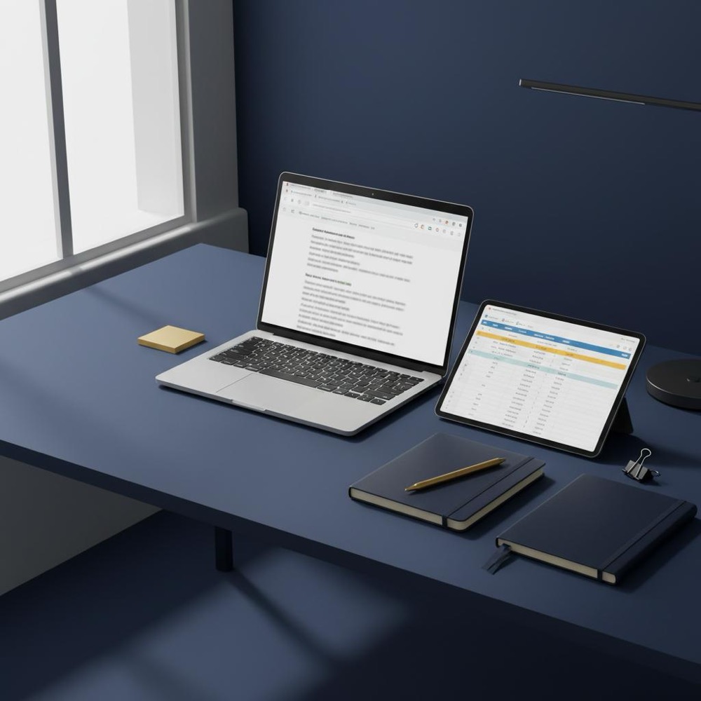 Minimalist desk with laptop showing a SERP and spreadsheet, notebook and gold-accent pen on a navy background, visual for competitor keyword analysis