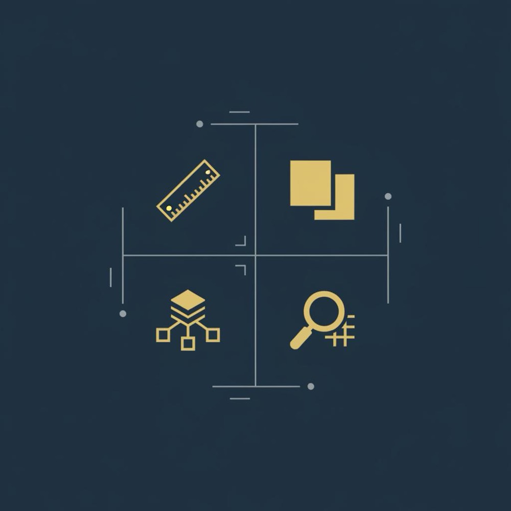 Minimal 2D vector infographic showing four quadrants with icons for measurement, formats, structured data, and human oversight in Orvus Ltd brand colors, replacing SEO