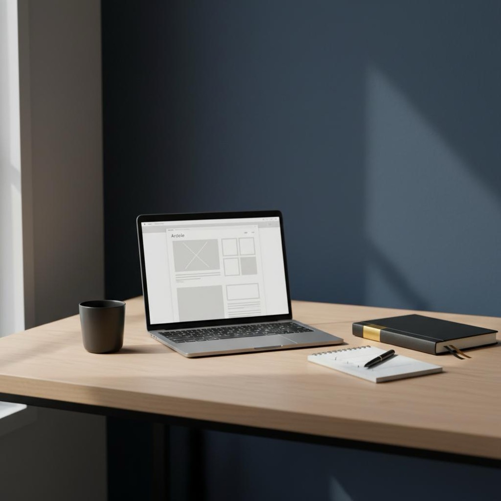 Minimal editorial workspace with laptop showing an article layout, gold-spined notebook, notepad checklist, and coffee cup on deep navy background - how to write an advertorial