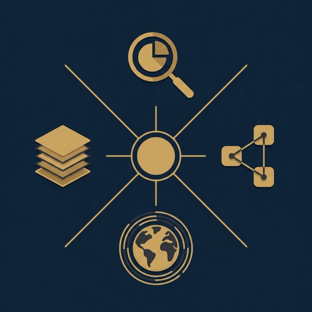 Minimal 2D vector infographic illustrating a four axis framework for top search engines with four simple icons representing query share ad ecosystem regional reach and product differentiation on a dark navy background