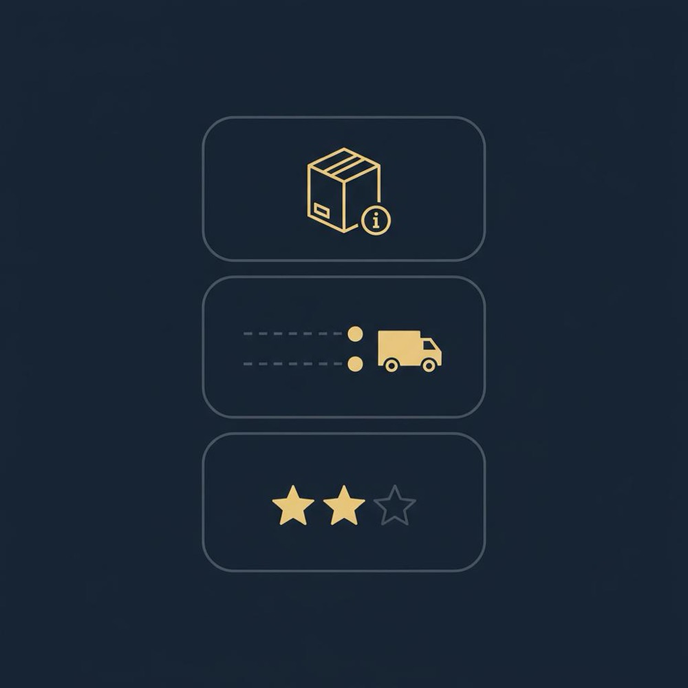 Minimal 2D vector infographic with three stacked panels for product info, shipping timeline, and reviews in Orvus Ltd. colors - SEO meaning.