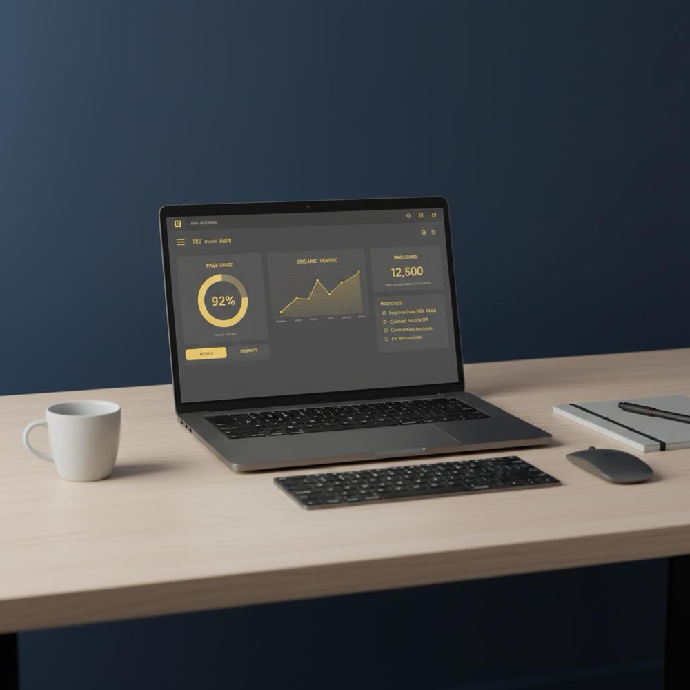 Photorealistic minimalist workspace with laptop showing a website audit dashboard for GoDaddy SEO, coffee cup and notepad, Orvus Ltd. color palette and clean layout.