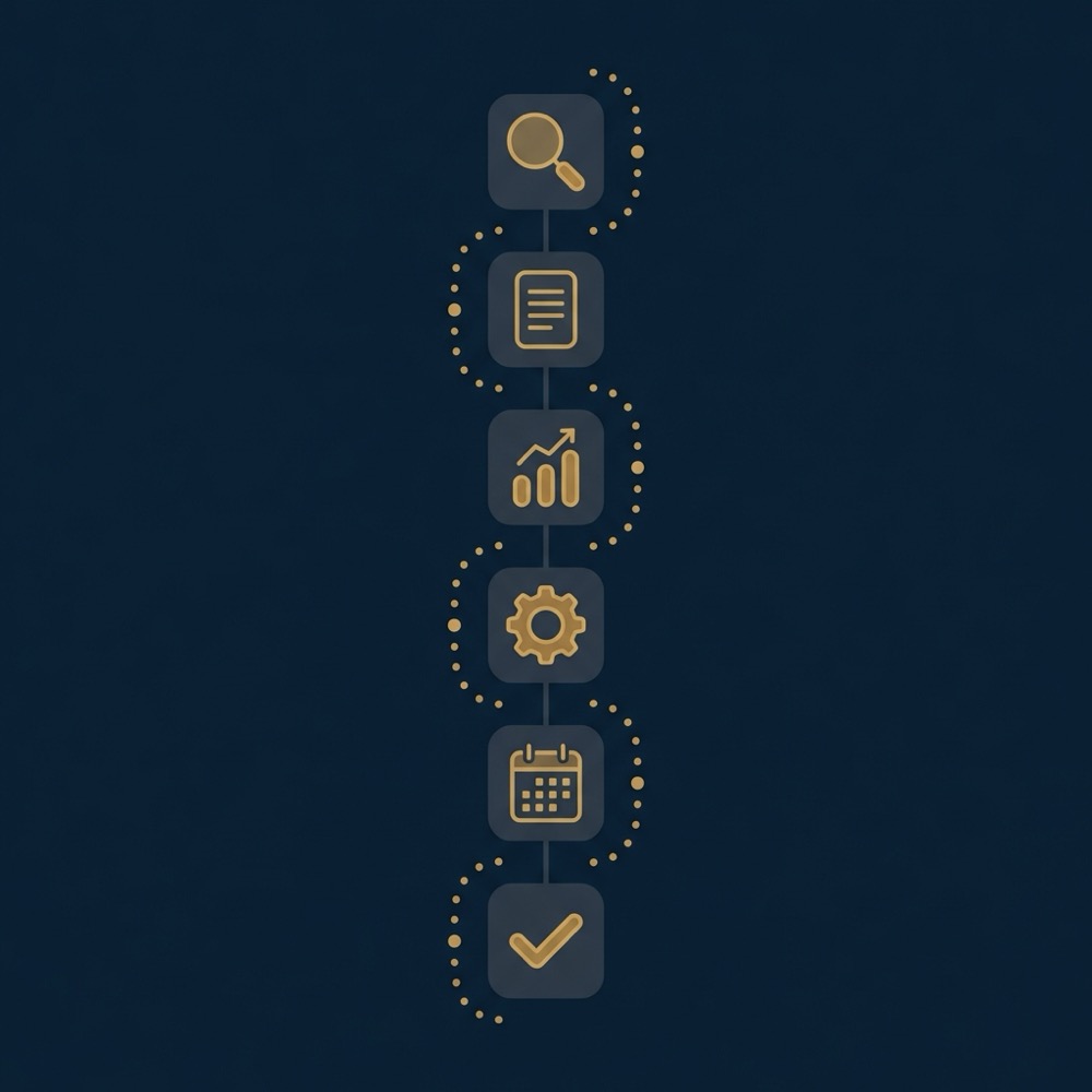 Minimal 2D vector checklist infographic showing a 30 day diagnostic workflow for a seo strategist with six simple icons on a dark blue background matching brand colors
