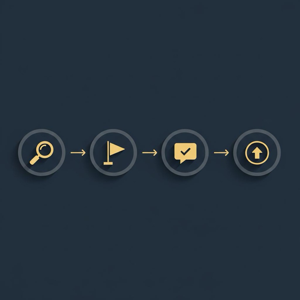 Minimal 2D vector infographic on dark blue background showing four icon steps (magnifying glass, flag, speech bubble, escalate arrow) illustrating can a business owner delete Google reviews