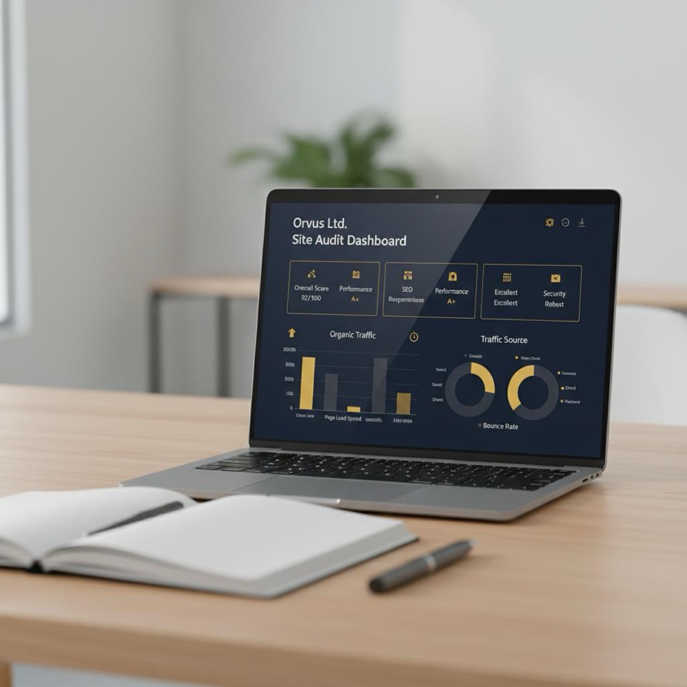 Close-up laptop screen showing Orvus Ltd. site audit dashboard with #C8A45D highlights on a clean navy workspace background #0B1E33 - SEO optimer