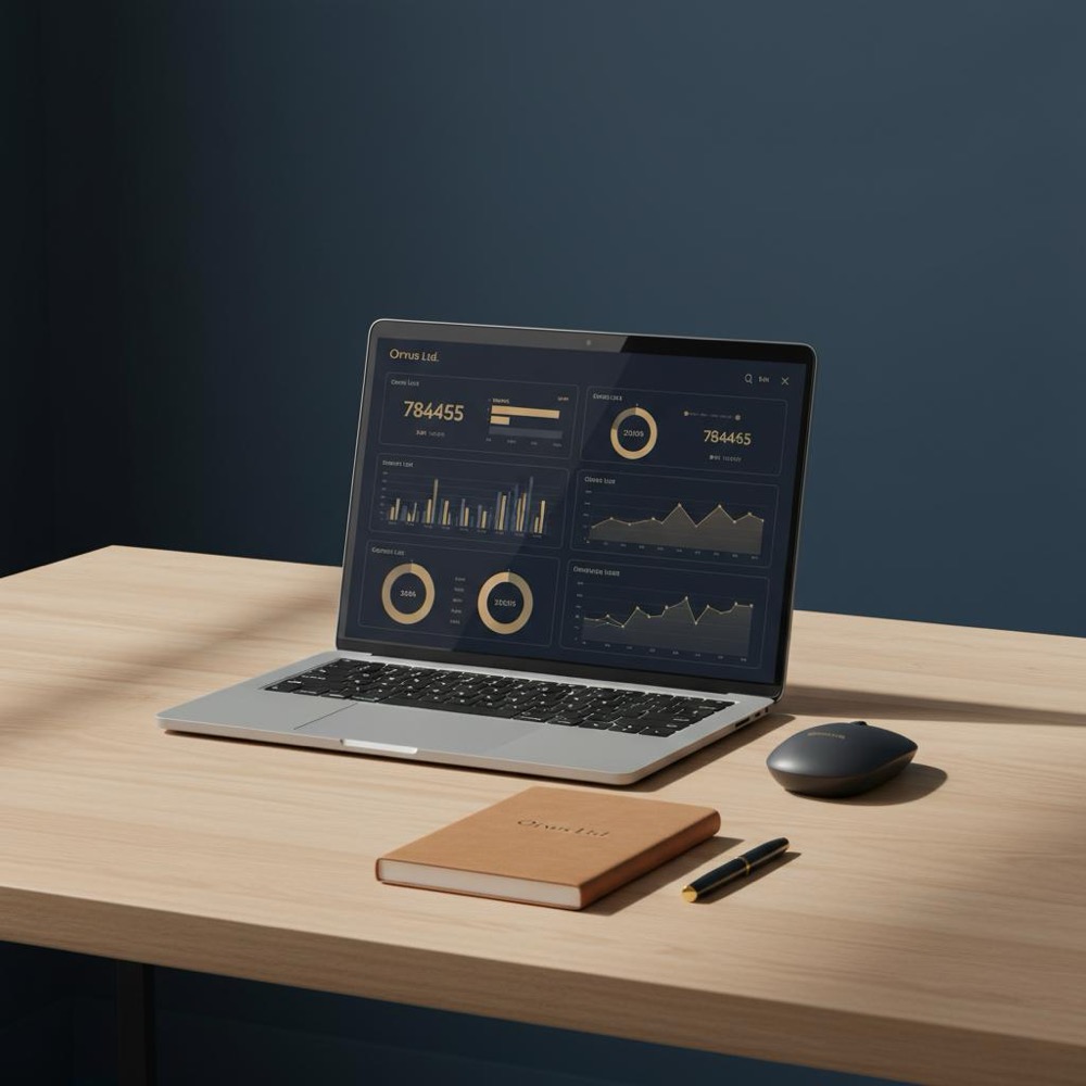 Minimalist desk with laptop showing analytics dashboard on navy background, subtle #C8A45D accents highlighting key metrics and SEO optimizer cost in a clean Orvus Ltd. aesthetic.