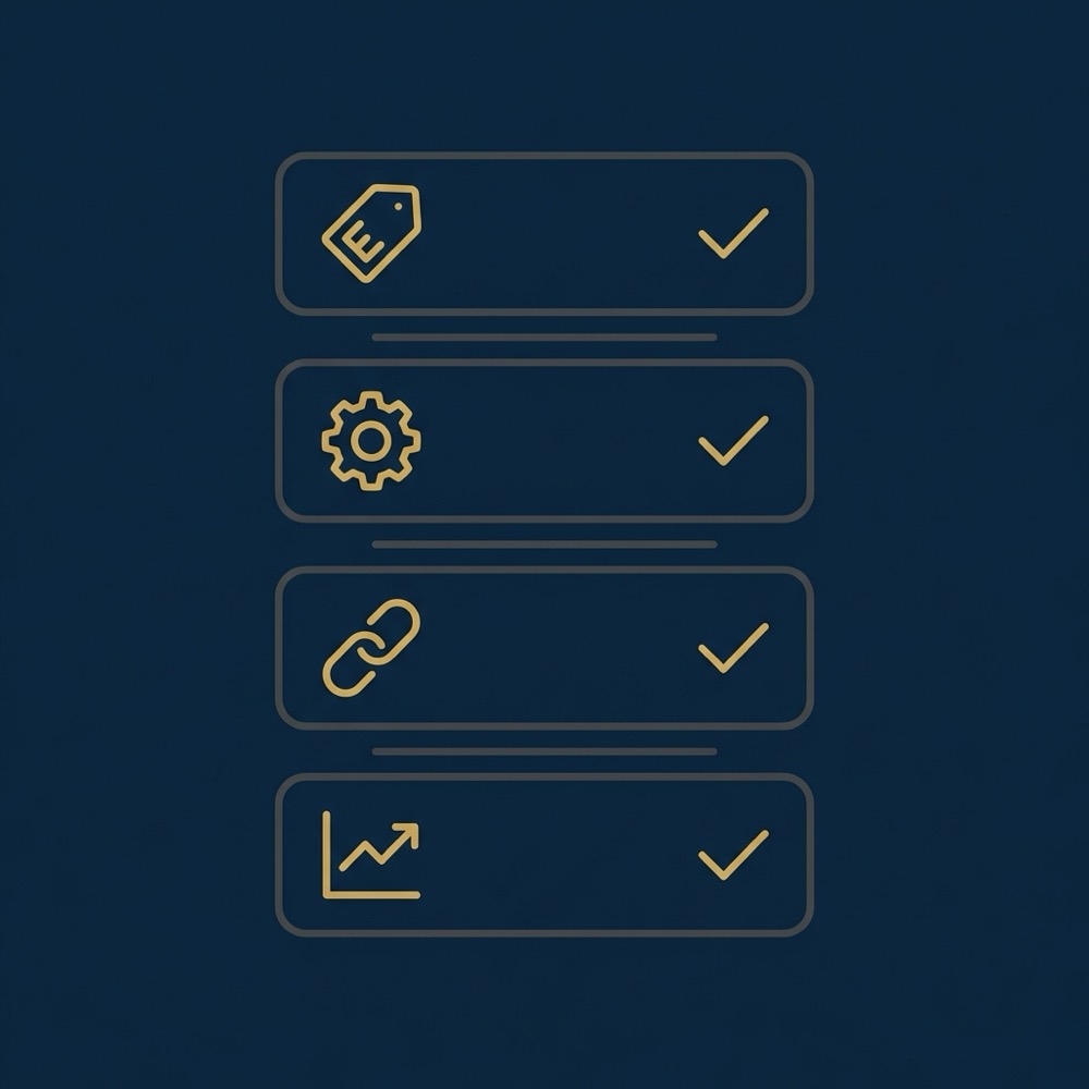 Minimal vector checklist infographic for seo google analytics showing icons for ga4 event setup gear link chain and verification on deep blue background
