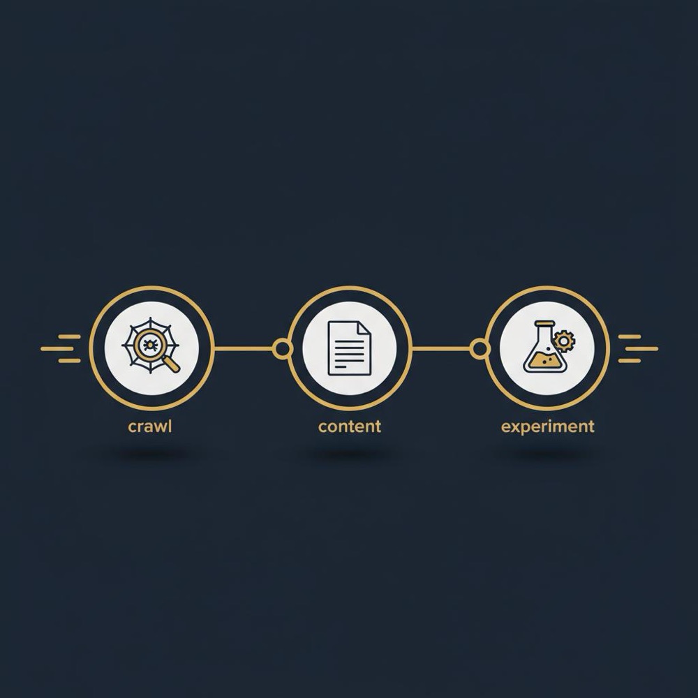 Minimal 2D vector three-month roadmap infographic for self-taught SEO with magnifying glass, document, and lab icons on a dark navy background with gold accents.