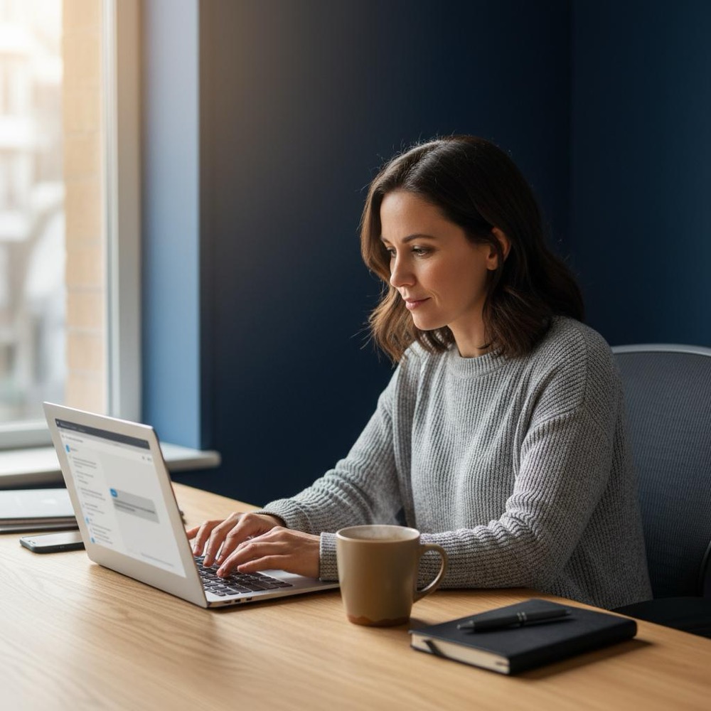 Small business owner replying to customer messages on a laptop in warm natural light, minimalist desk with a subtle #C8A45D mug and deep navy background - remove Google reviews