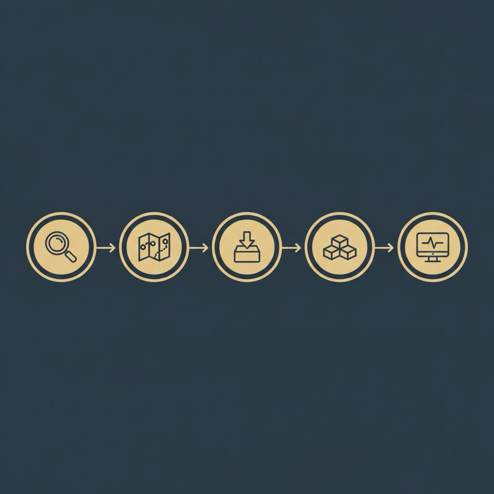 Minimal 2D vector infographic of a migration flow with five icons (Crawl, Map, Import, Rebuild, Monitor) on #0B1E33 background using Orvus Ltd. palette, meta keywords