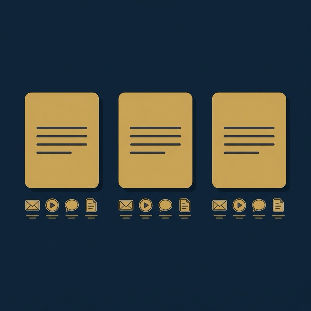 Minimal 2D vector infographic with three rounded template cards and channel icons for email video social and blog in Orvus Ltd colors showing writing a hook