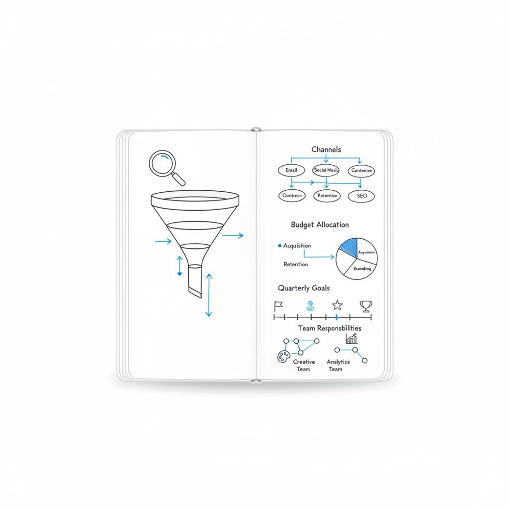 Vector notebook-style desk sketch of channel benchmarks for search, social, programmatic and video advertising with icons and blue highlights, illustrating cost to advertise online.