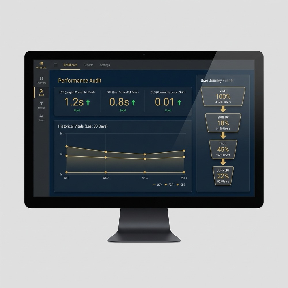 Screenshot style performance audit dashboard and funnel map showing core web vitals and conversion stages for website optimization services in Orvus Ltd brand colors